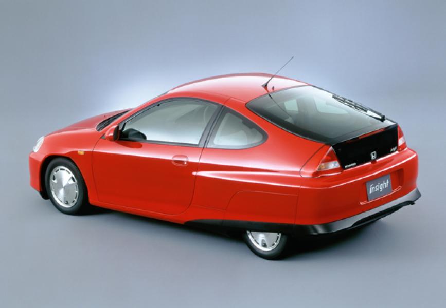 Honda Insight, 1997. World's first mass-produced hybrid car. Credit Honda